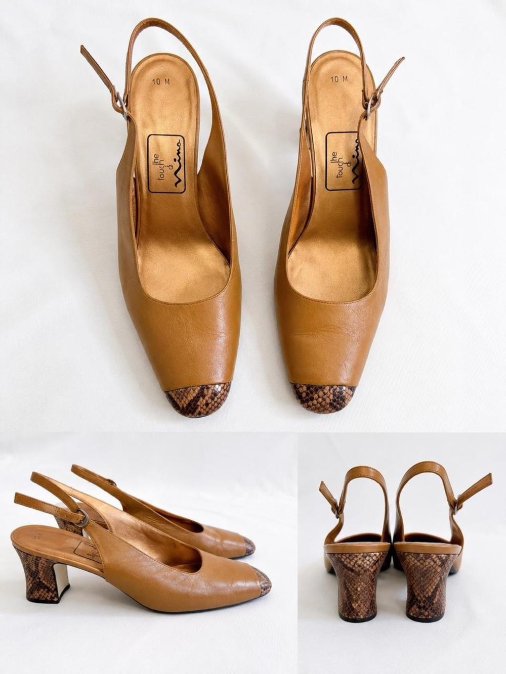 Vintage Nina Tan Leather Slingback Pumps with Snakeskin Toe and Heel